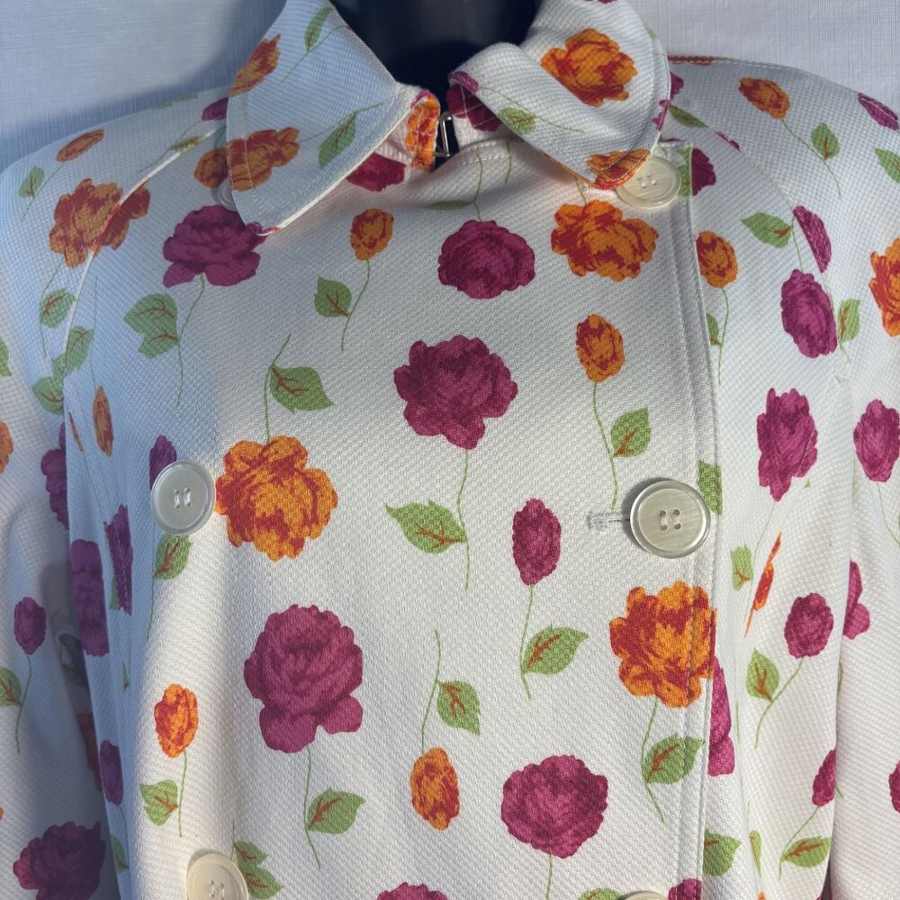 Michael Michael Kors Floral Belted Trench Coat Women’s Large iWhite W/ Red & Ora - Picture 3 of 14